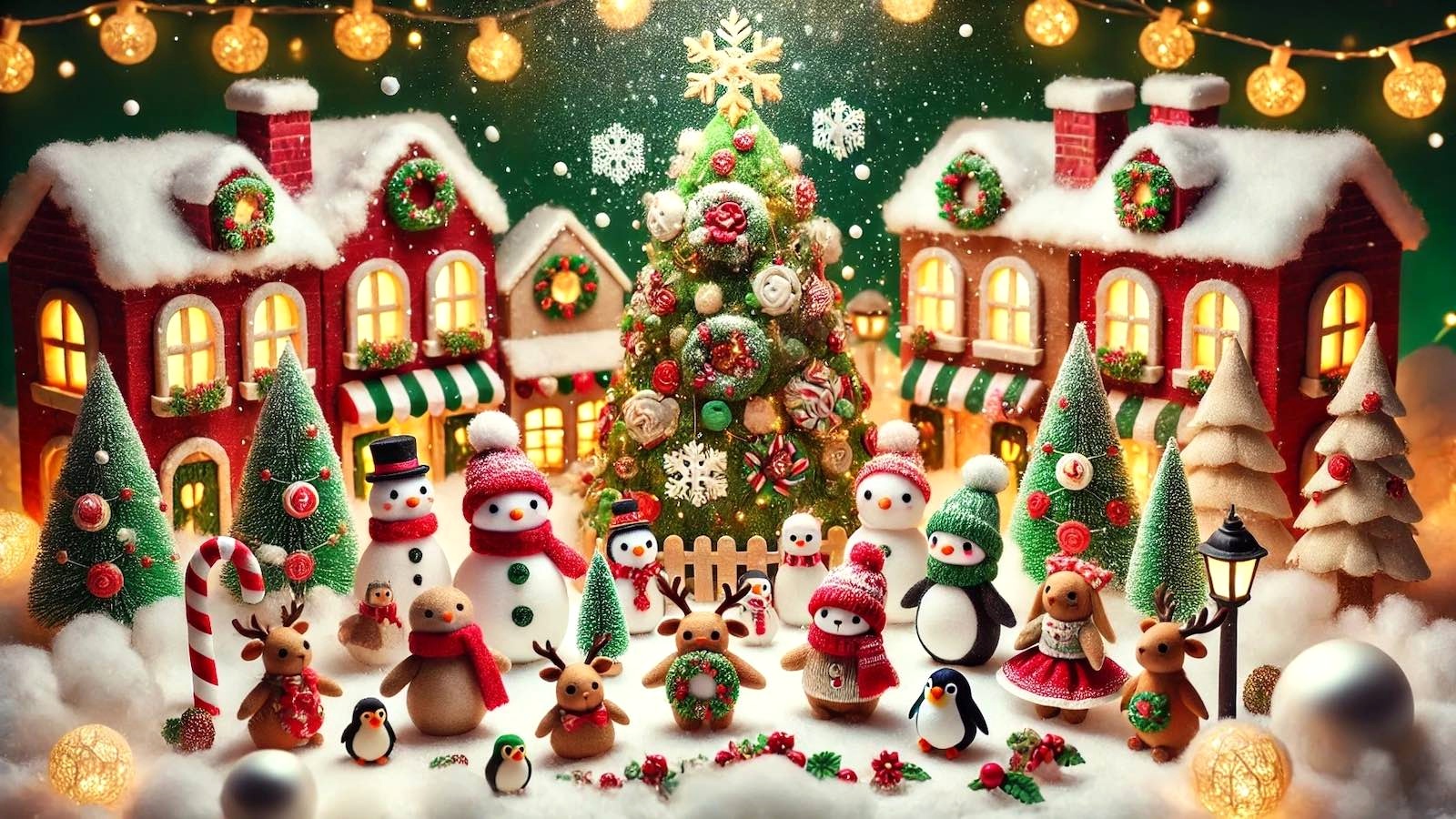 Festive Christmas village scene with snowmen, reindeer, and holiday decorations in Boston